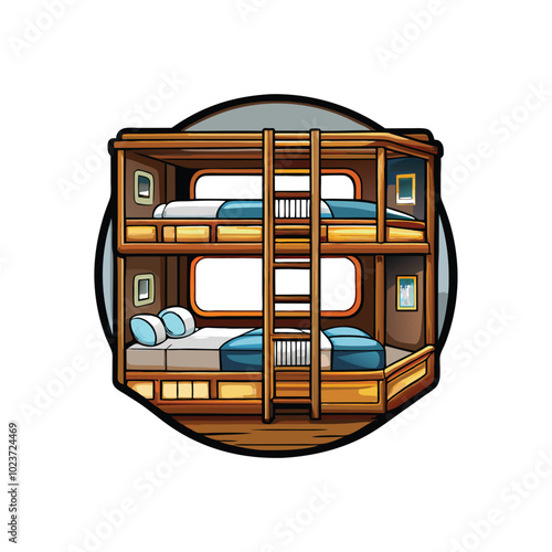 Create a detailed vector illustration of a ship's crew quarters with bunk beds, a ladder, and windows.