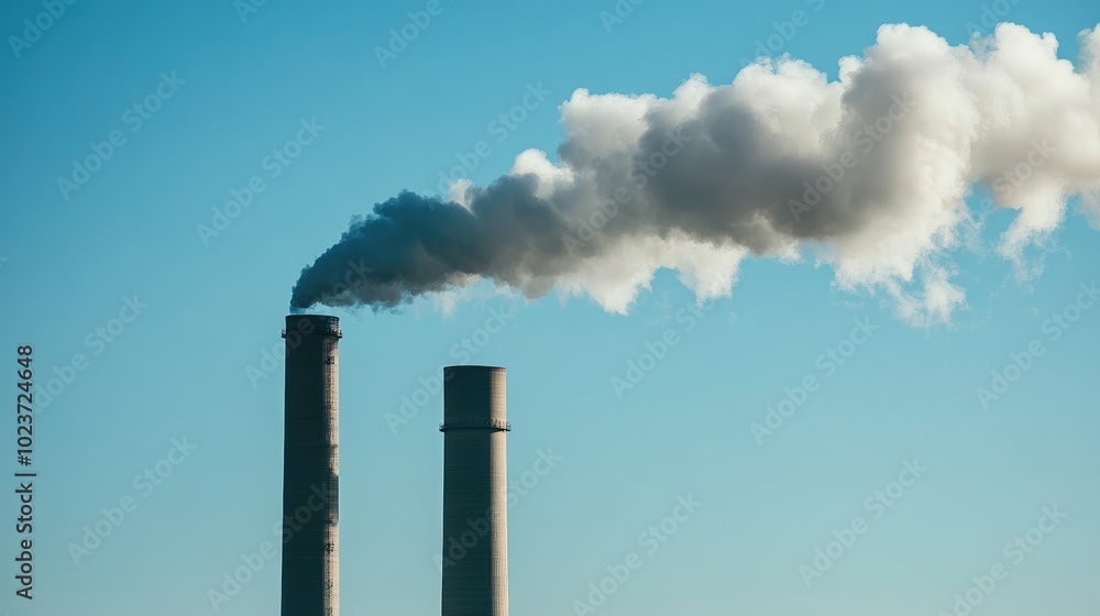 Industrial power plant with tall chimneys releasing smoke against a clear blue sky, representing energy generation. No people. Industrial power plant with tall chimneys releasing smoke against a clear blue sky, representing energy generation. No people.