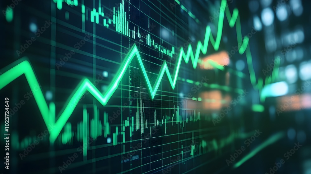 A green, glowing arrow on the background of stock market charts A green, glowing arrow on the background of stock market charts