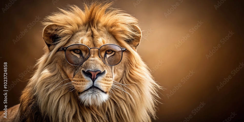 Fototapeta premium lion with sunglasses on brown background