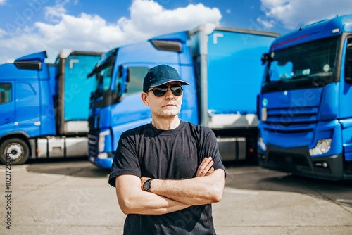 Professional truck driver with hat and sunglasses confidently standing in front of big and modern truck. Bright sunny day. People and transportation concept.