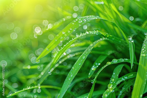 Morning dew drops on grass leaves in spring summer.