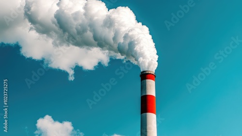 Modern industrial power plant chimneys releasing emissions into a bright blue sky, representing energy and environmental impact. No people.