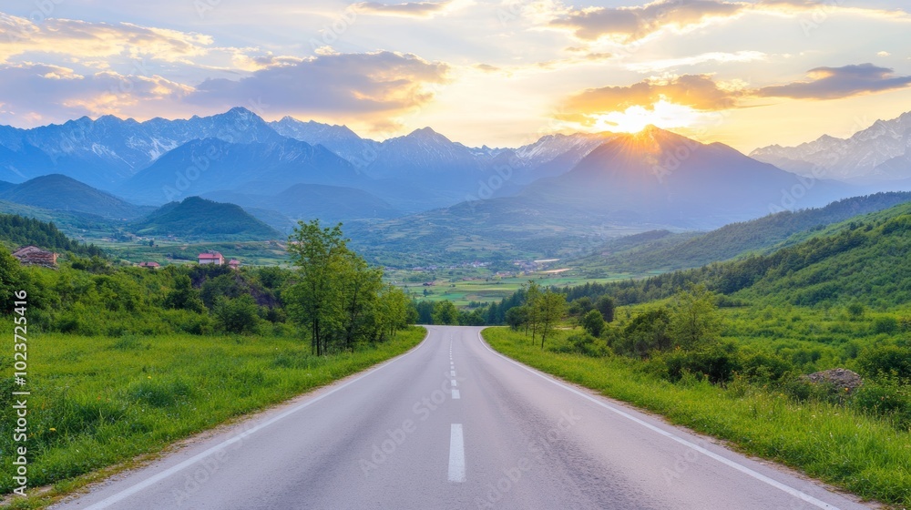 Asphalt Road Leading Through Green Meadow Towards Majestic Mountains. Summer Landscape At Sunset. Asphalt Road Leading Through Green Meadow Towards Majestic Mountains. Summer Landscape At Sunset.