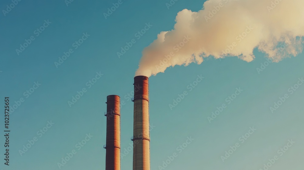 Tall industrial chimneys releasing smoke into the air at a power plant, with a clear blue sky, symbolizing energy production. No people. Tall industrial chimneys releasing smoke into the air at a power plant, with a clear blue sky, symbolizing energy production. No people.