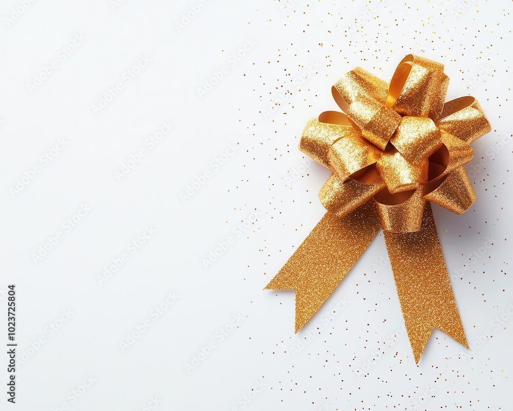 Sparkling gold ribbon bow, luxurious holiday scene, delicate watercolor texture Sparkling gold ribbon bow, luxurious holiday scene, delicate watercolor texture