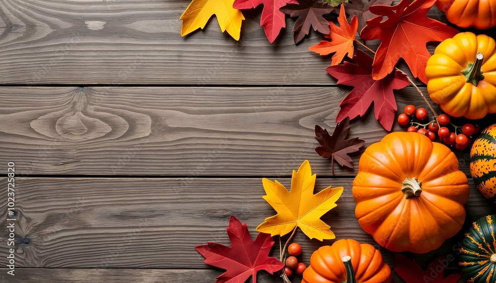 Autumn flat lay, pumpkins, berries, gourds, foliage, wooden background, copy space, card mockup, thanksgiving, halloween Autumn flat lay, pumpkins, berries, gourds, foliage, wooden background, copy space, card mockup, thanksgiving, halloween