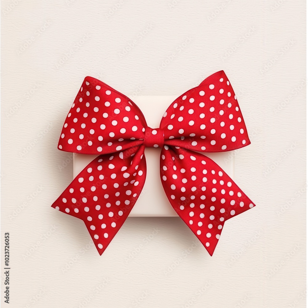 Festive red and white polka dot bow, tied on a holiday package, watercolor effect Festive red and white polka dot bow, tied on a holiday package, watercolor effect