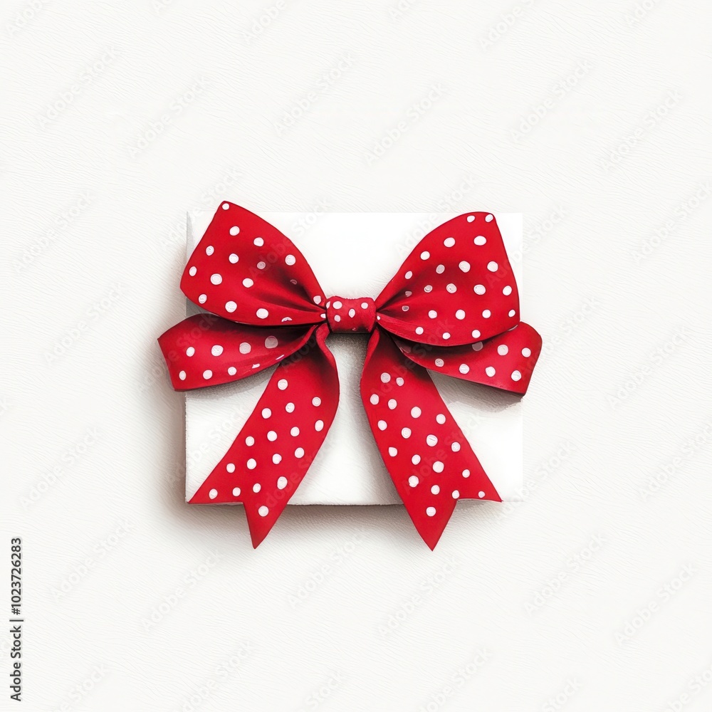 Festive red and white polka dot bow, tied on a holiday package, watercolor effect Festive red and white polka dot bow, tied on a holiday package, watercolor effect