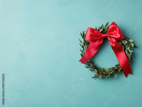 Red satin bow, placed on a green wreath, holiday charm, watercolor texture