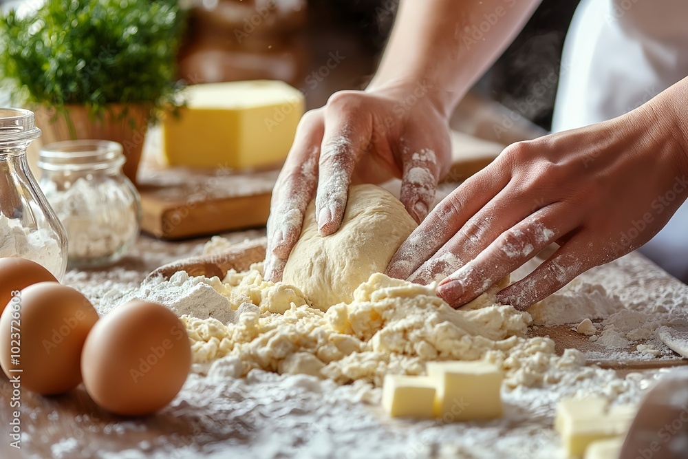 Close-up of Hands Kneading Dough on a Floured Countertop, With Ingredients Like Eggs and Butter Visible in the Background Close-up of Hands Kneading Dough on a Floured Countertop, With Ingredients Like Eggs and Butter Visible in the Background