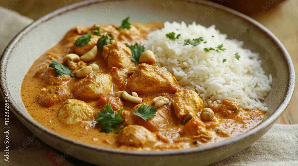 Delicious chicken curry with fragrant rice and herbs Delicious chicken curry with fragrant rice and herbs