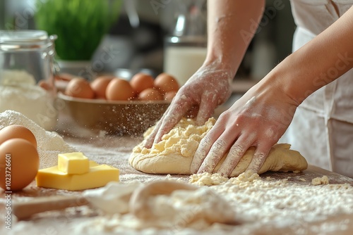 Close-up of Hands Kneading Dough on a Floured Countertop, With Ingredients Like Eggs and Butter Visible in the Background