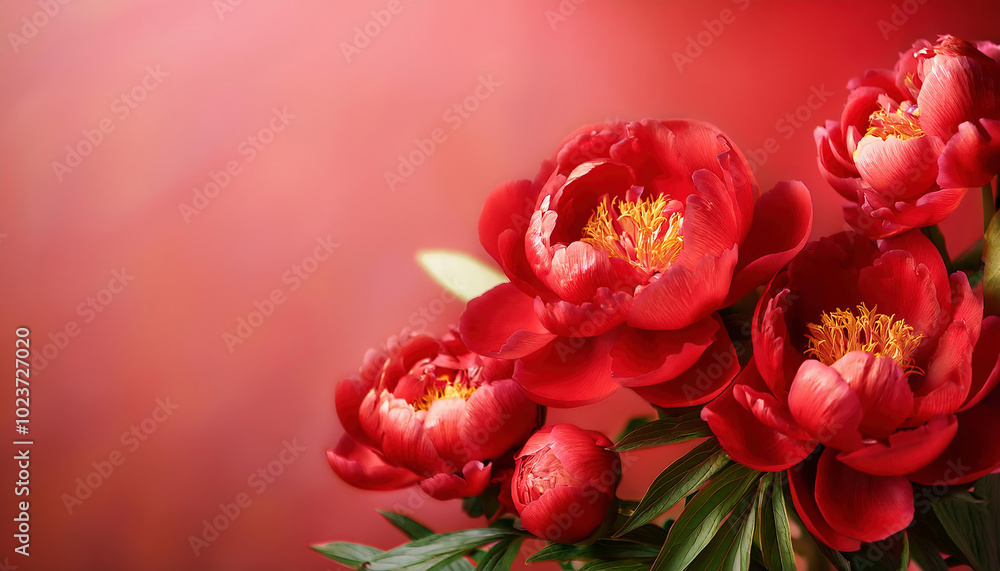 Bouquet of red peonies on a red background with space for text Bouquet of red peonies on a red background with space for text