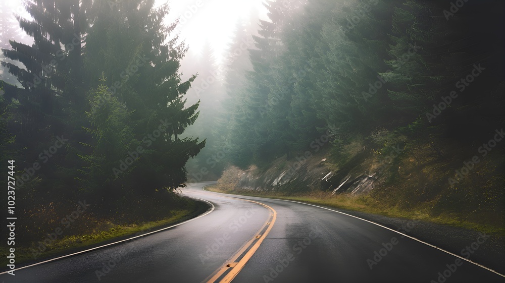 Fototapeta premium Winding Road Through Evergreen Forest in the Mist