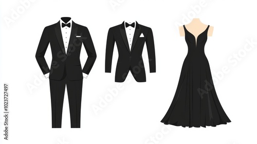 formal evening wear in black, featuring classy male and female attire, tuxedo and evening gown for a party, vector design, isolated on white