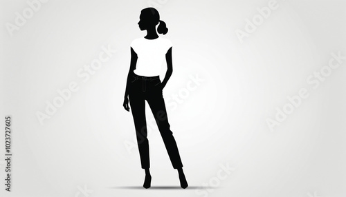 Simplistic Black Silhouette of a Woman in Pants on White Background.