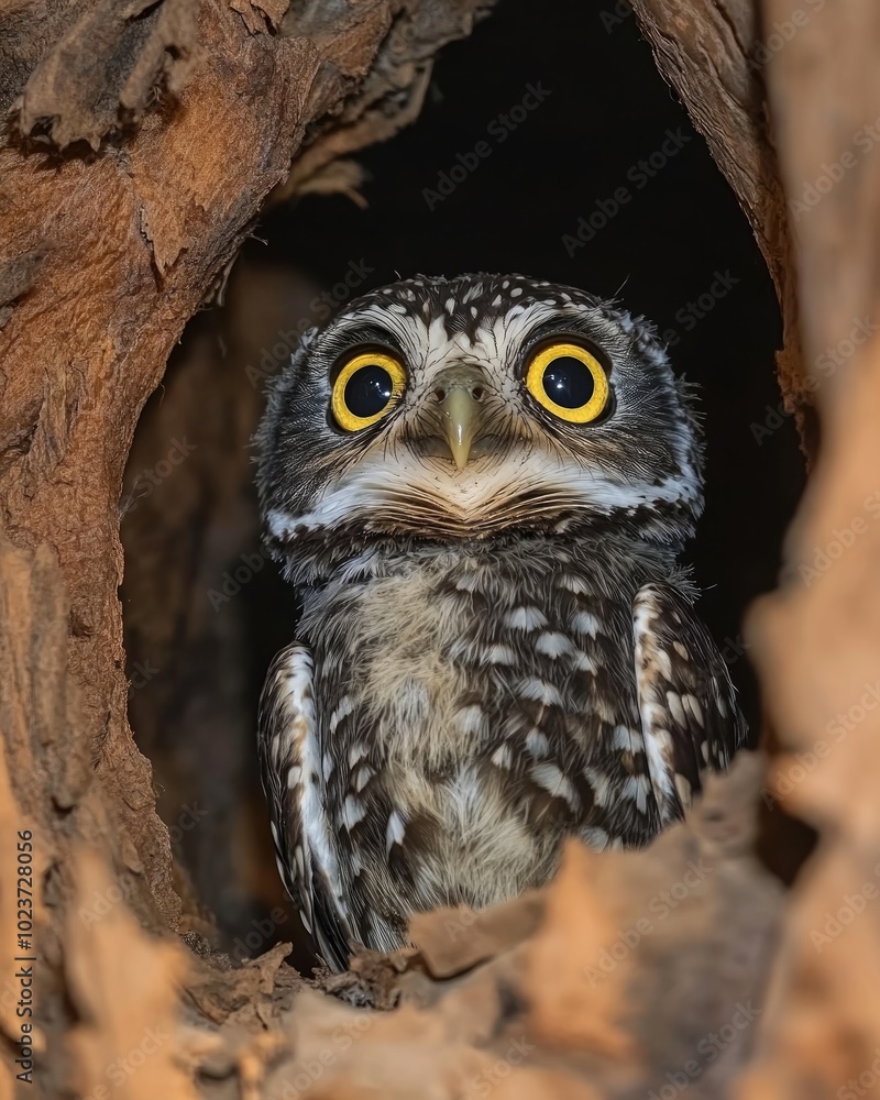 Obraz premium Spotted owlet perched in a hollow nest looking at the camera with large yellow eyes closeup