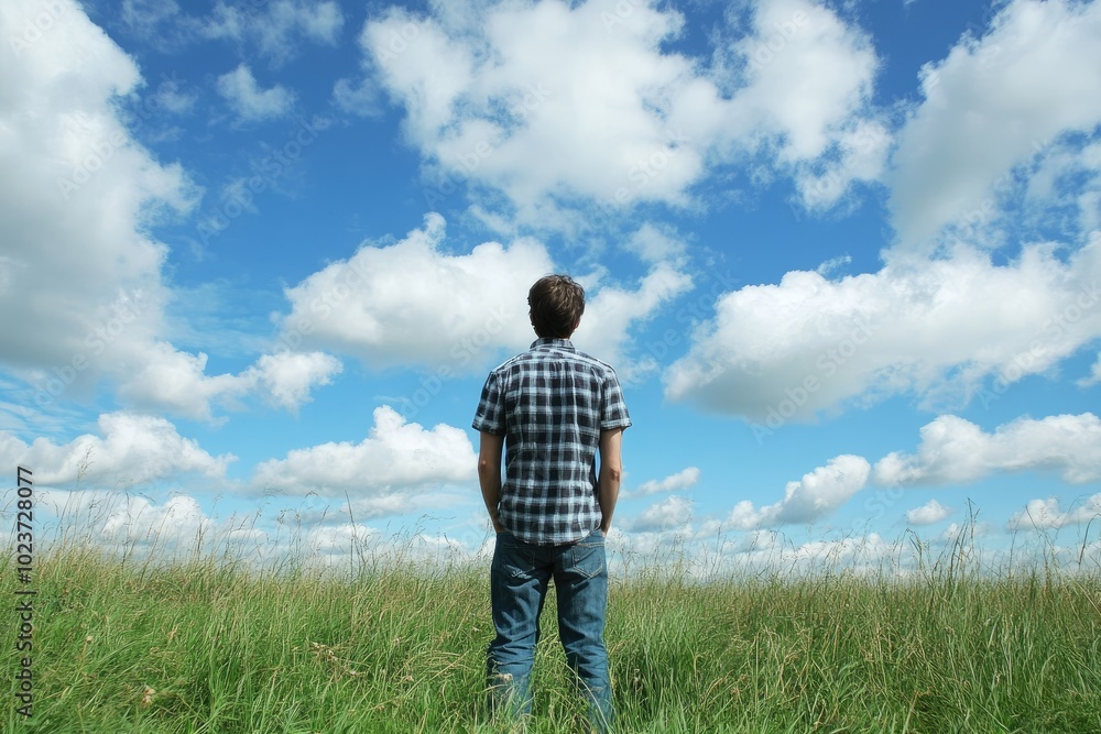 A Man Standing on a Grassy Field Gazing Upward at the Expanse of the Sky A Man Standing on a Grassy Field Gazing Upward at the Expanse of the Sky