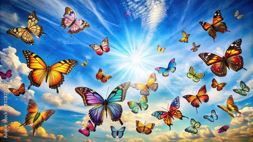 Colorful butterflies with intricate patterns and vibrant wings soaring through a sunny sky, insect, beauty, nature Colorful butterflies with intricate patterns and vibrant wings soaring through a sunny sky, insect, beauty, nature