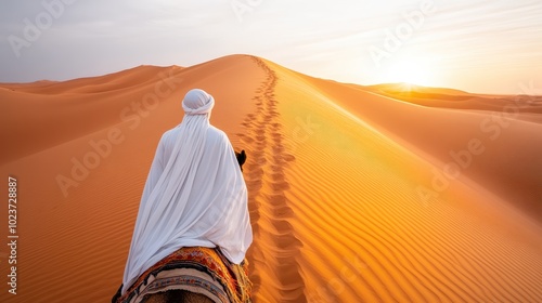 A lone figure in white robes rides a camel across a breathtaking golden desert landscape at sunset, symbolizing peace, freedom, and the tranquil passage of time. photo