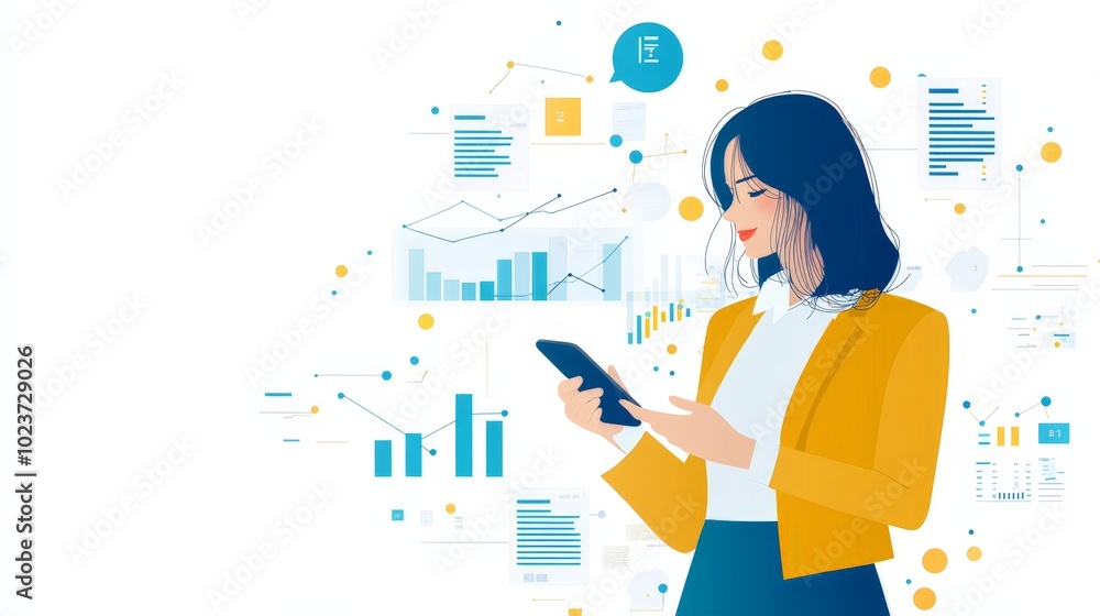 Businesswoman Analyzing Data and Charts on Her Smartphone  -  Financial Analysis,  Mobile Analytics, Business Strategy