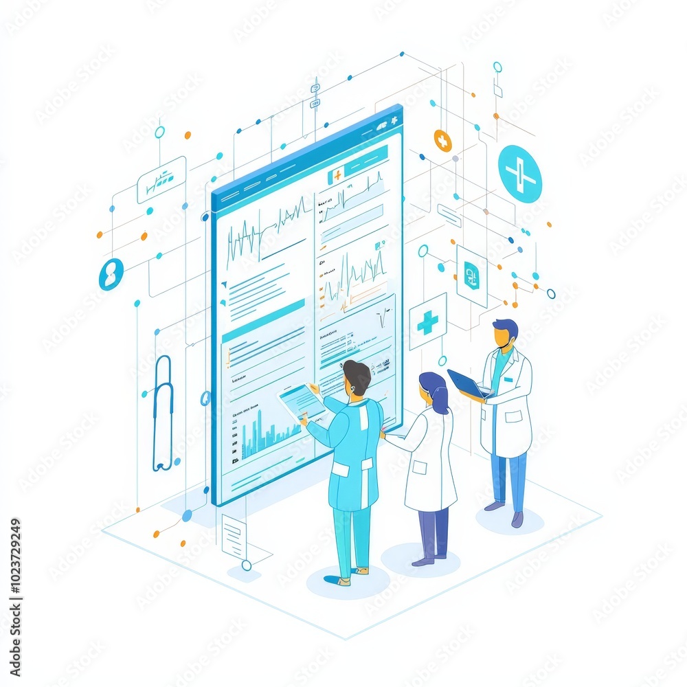 Healthcare Professionals Analyzing Data on Large Touchscreen - Medical Technology Illustration Healthcare Professionals Analyzing Data on Large Touchscreen - Medical Technology Illustration