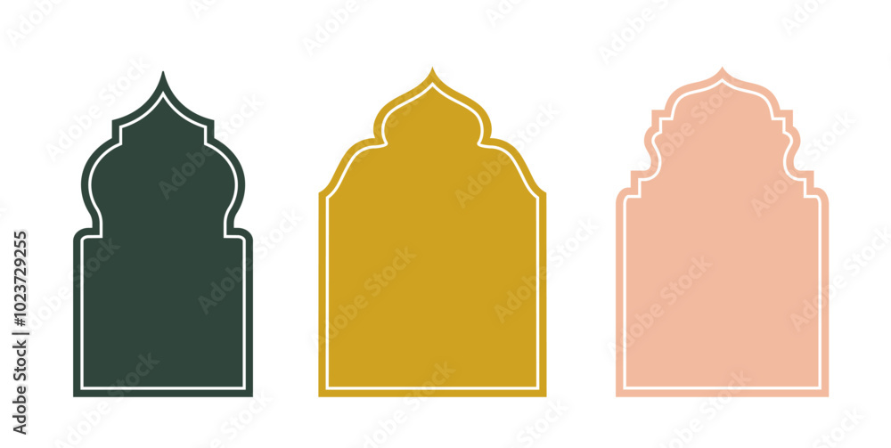 Islamic architecture windows set. Green, yellow and beige arabic mosque frames. East asian culture. Pattern and ornament. Flat vector collection isolated on white background Islamic architecture windows set. Green, yellow and beige arabic mosque frames. East asian culture. Pattern and ornament. Flat vector collection isolated on white background