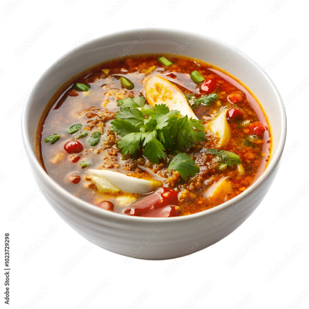 A bowl of soup with vegetables and a lime wedge A bowl of soup with vegetables and a lime wedge