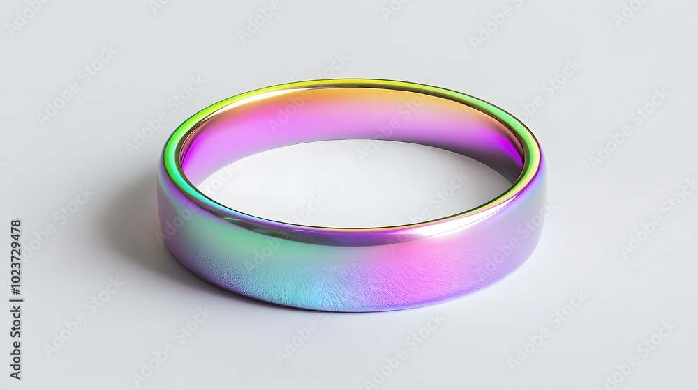 A solid, iridescent metal O-shaped ring on a white background A solid, iridescent metal O-shaped ring on a white background
