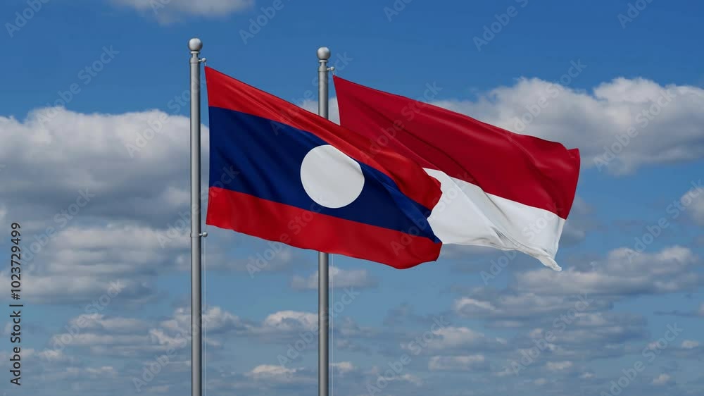 Indonesia and Laos flags flying together, video concept of the relationship, two country relations concept Indonesia and Laos flags flying together, video concept of the relationship, two country relations concept