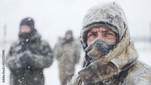 Soldier Braving the Cold in a Blizzard, Winter Wartime Portrait photo