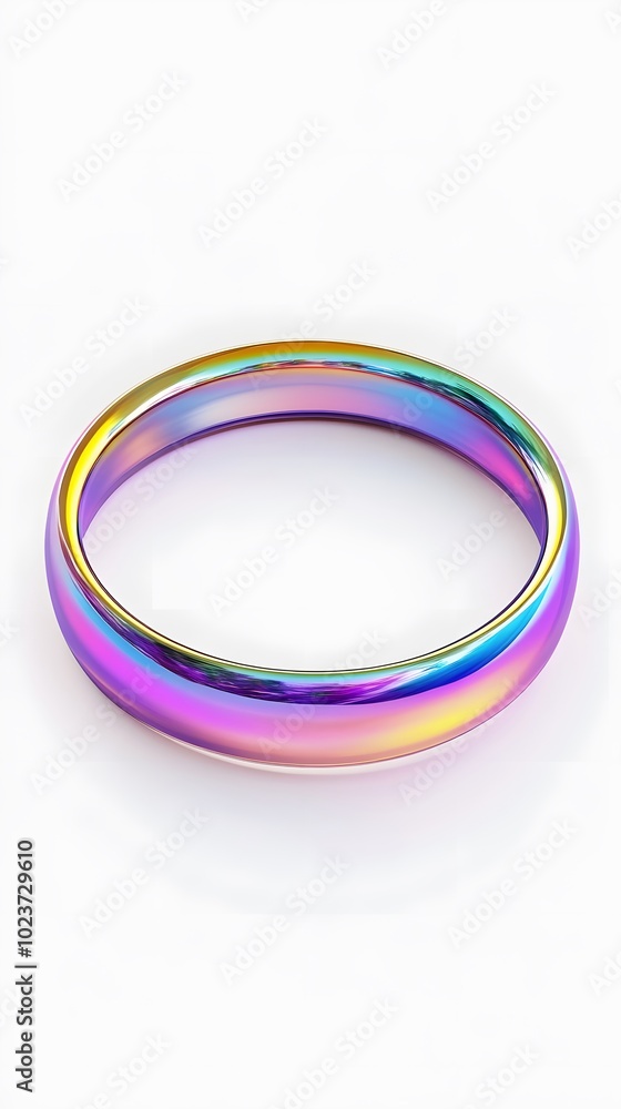 A solid, iridescent metal O-shaped ring on a white background A solid, iridescent metal O-shaped ring on a white background