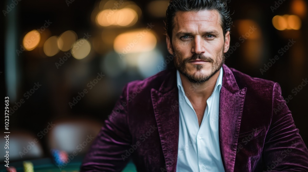 The man poses confidently with a determined expression at a casino table, highlighted by soft focus lights, wearing a dark purple jacket over a white shirt. The man poses confidently with a determined expression at a casino table, highlighted by soft focus lights, wearing a dark purple jacket over a white shirt.