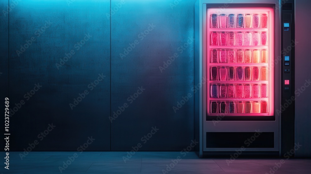 A vibrant, colorfully illuminated vending machine against an urban backdrop highlights advancements in automation and urban design, symbolizing modern consumerism. A vibrant, colorfully illuminated vending machine against an urban backdrop highlights advancements in automation and urban design, symbolizing modern consumerism.