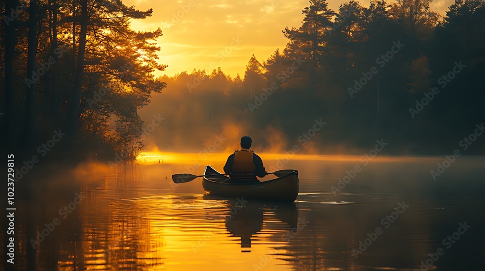 A solitary man paddles a canoe through a misty lake at sunrise. The golden light of dawn illuminates the water and the surrounding trees, creating a serene and tranquil atmosphere. A solitary man paddles a canoe through a misty lake at sunrise. The golden light of dawn illuminates the water and the surrounding trees, creating a serene and tranquil atmosphere.