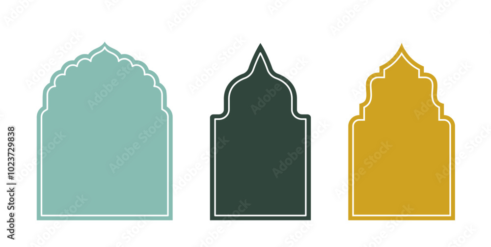 Islamic architecture windows set. Green and yellow arabic decor elements. East asian mosque. Arc in oriental and morocco style. Flat vector collection isolated on white background Islamic architecture windows set. Green and yellow arabic decor elements. East asian mosque. Arc in oriental and morocco style. Flat vector collection isolated on white background