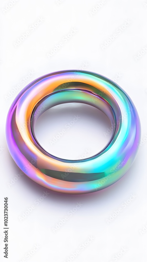 A solid, iridescent metal O-shaped ring on a white background A solid, iridescent metal O-shaped ring on a white background