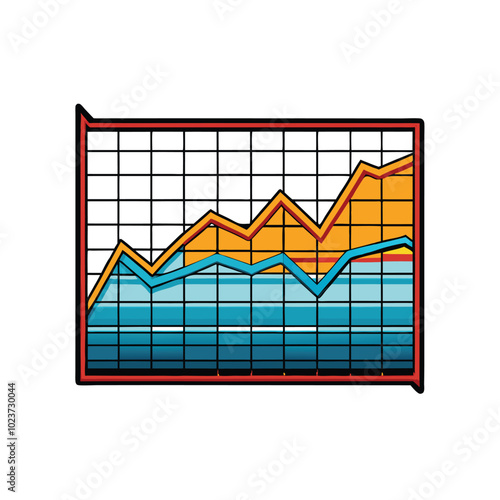 Create a detailed vector illustration of an area chart with shaded regions, featuring two lines, one orange and one blue.