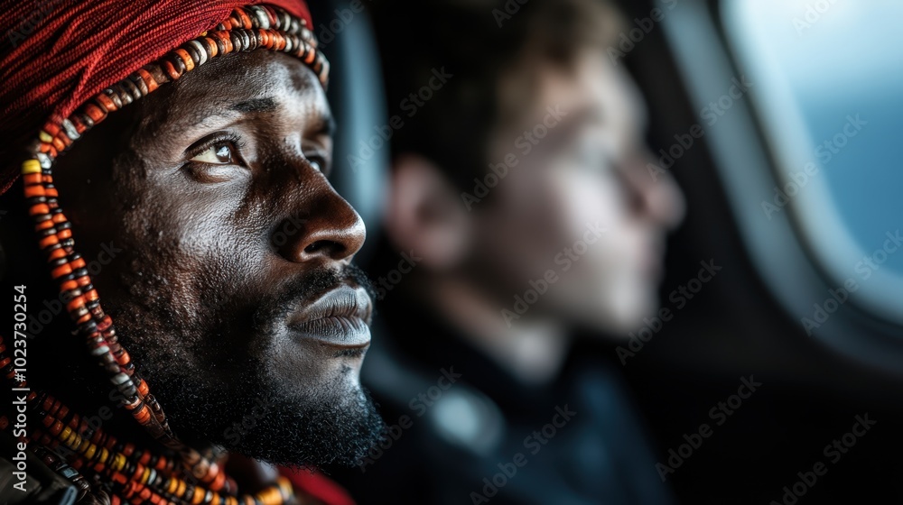 A person in vibrant traditional attire sits on a plane, staring thoughtfully into the distance, embodying the themes of travel, contemplation, and cultural identity. A person in vibrant traditional attire sits on a plane, staring thoughtfully into the distance, embodying the themes of travel, contemplation, and cultural identity.