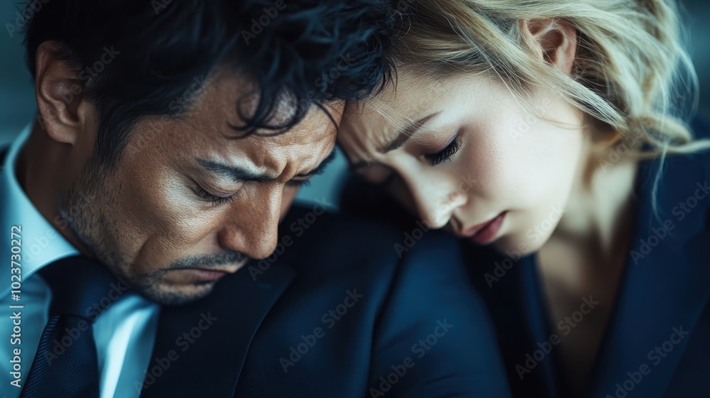An introspective couple wearing black suits sits closely, expressing shared emotions, further emphasizing the delicate balance of love and understanding in relationships. An introspective couple wearing black suits sits closely, expressing shared emotions, further emphasizing the delicate balance of love and understanding in relationships.