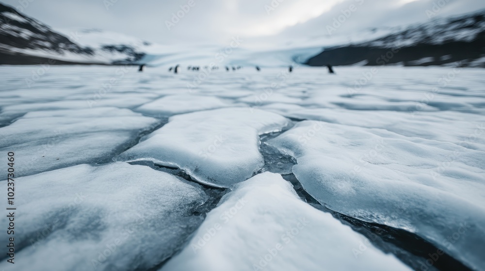 An icy landscape extends into the distance with faint penguins dotting the horizon, capturing the cold and tranquil isolation of a winter wonderland. An icy landscape extends into the distance with faint penguins dotting the horizon, capturing the cold and tranquil isolation of a winter wonderland.