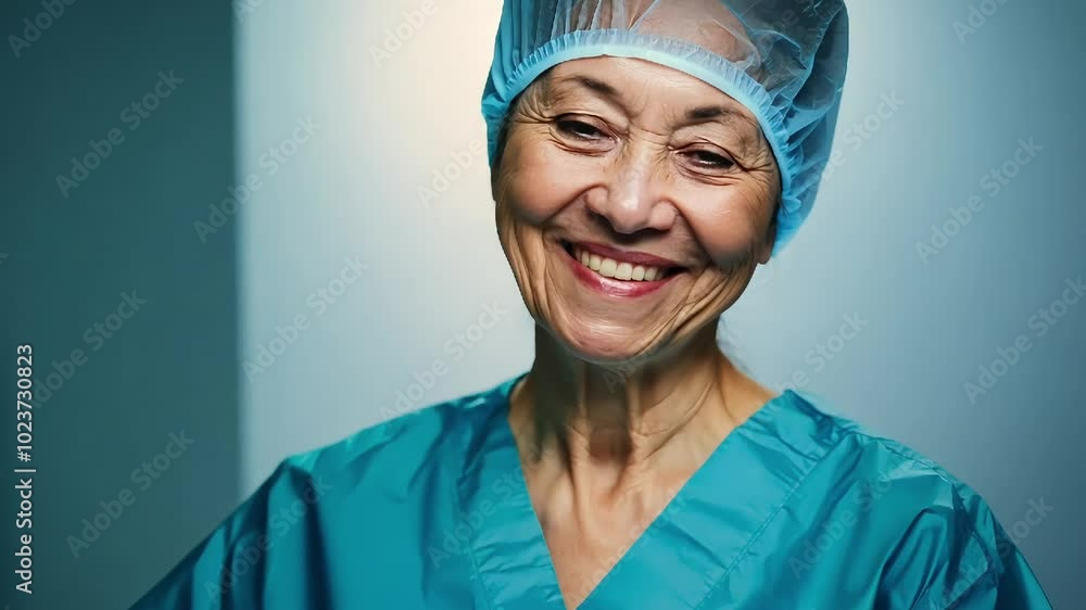 Smiling female doctor in blue scrubs and cap, representing healthcare professionalism and compassion in a medical setting. Smiling female doctor in blue scrubs and cap, representing healthcare professionalism and compassion in a medical setting.