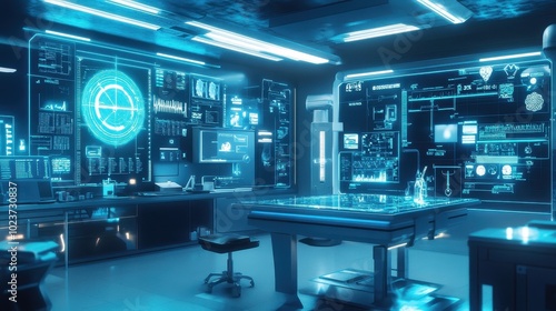 Futuristic Tech Lab with Glowing Holographic Displays