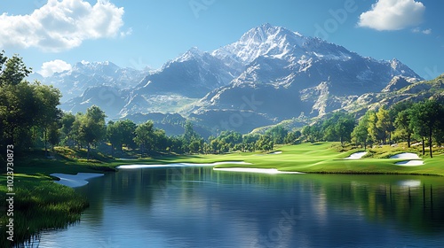 A serene golf course with a lake, surrounded by lush green trees and a majestic mountain range in the background.