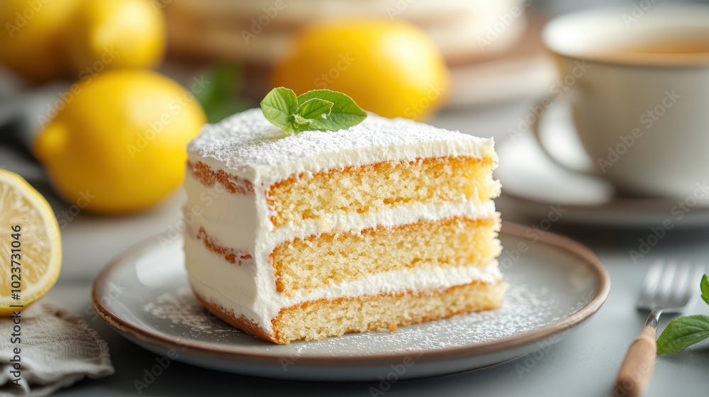 An inviting slice of lemon cake is topped with a mint garnish and dusted with sugar, resting on a plate and backed by fresh lemons, perfect for teatime. An inviting slice of lemon cake is topped with a mint garnish and dusted with sugar, resting on a plate and backed by fresh lemons, perfect for teatime.