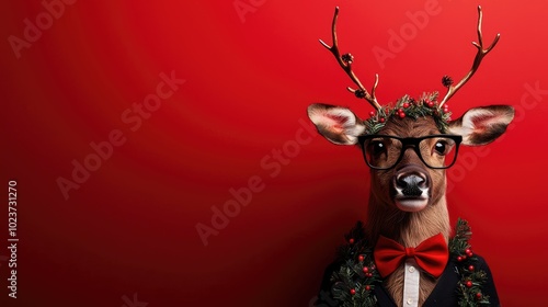 Christmas Background, Stylish deer with glasses and a bowtie against a vibrant red background.