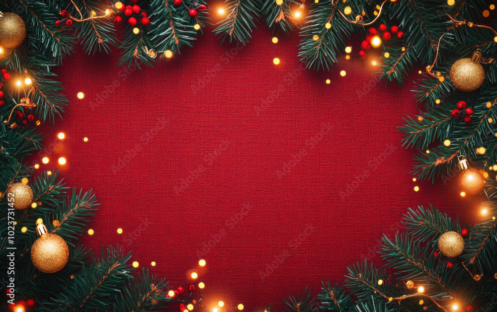 Christmas background with xmas tree and sparkle bokeh lights on red canvas background. Merry christmas card. Winter holiday theme. Happy New Year. Space for text Christmas background with xmas tree and sparkle bokeh lights on red canvas background. Merry christmas card. Winter holiday theme. Happy New Year. Space for text