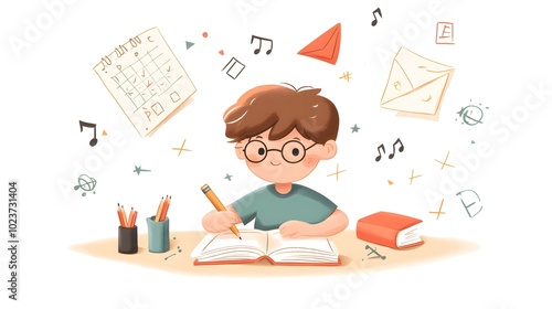 A boy is doing homework, in a simple flat illustration style with cartoon characters and lines, doodle style