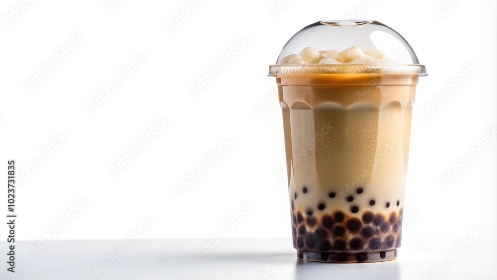 Long shot latte and bubble boba in a plastic container isolated on white background coffee bubble tea plastic cup Long shot latte and bubble boba in a plastic container isolated on white background coffee bubble tea plastic cup